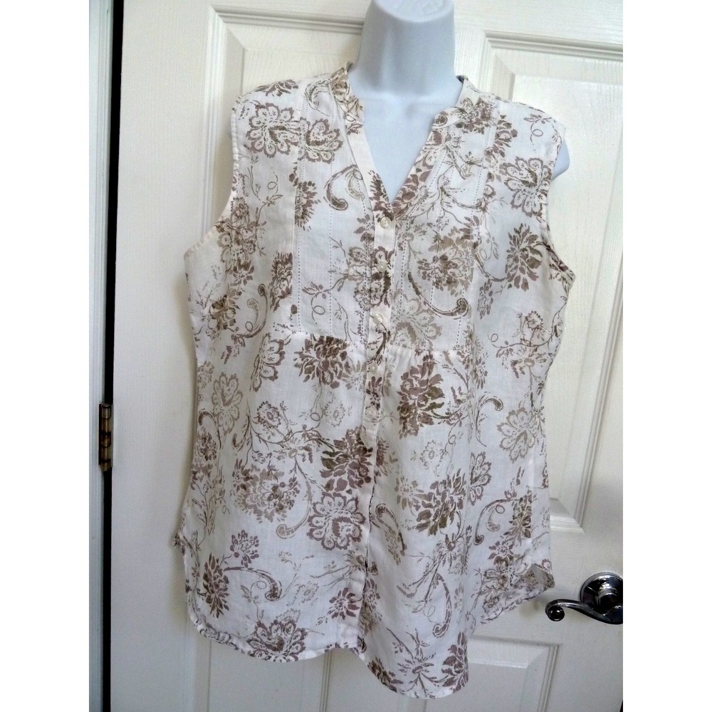 LL Bean Washable Linen Sleeveless Blouse Floral Peasant V-Neck Beige White L